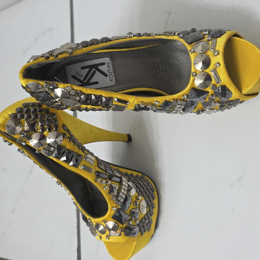 Yellow and Silver Embellished Heels by Kiss Kouture